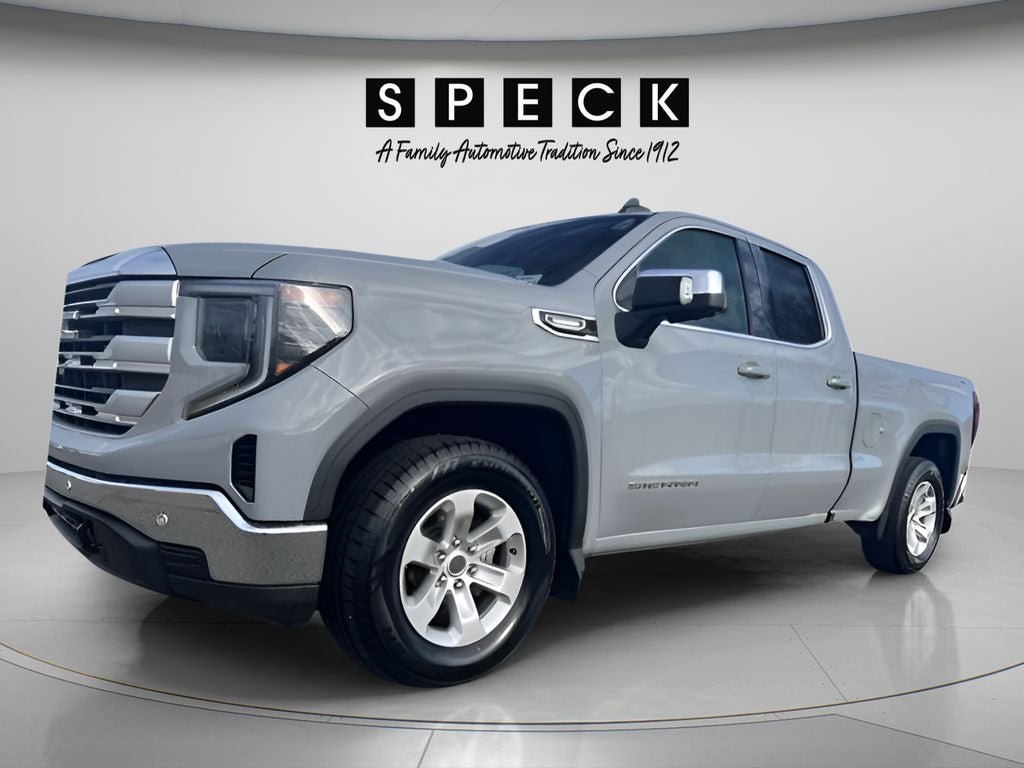 2025 GMC Sierra 1500 SLE in Thunderstorm Gray — front three-quarter view