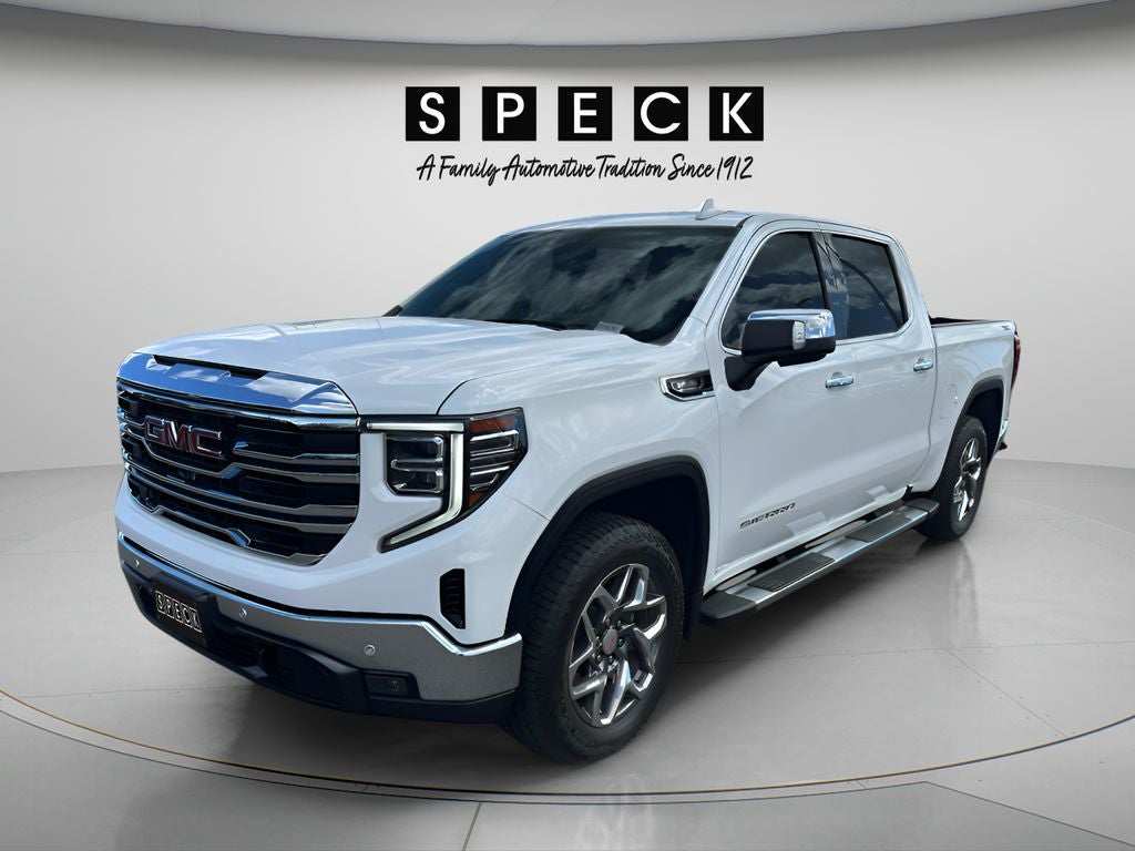 2025 GMC Sierra 1500 SLT in Summit White — front three-quarter view