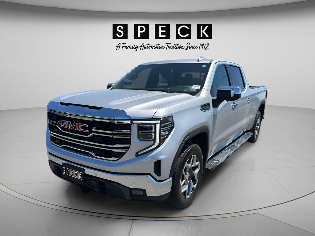 2022 GMC Sierra 1500 SLT in Quicksilver Metallic — front three-quarter view