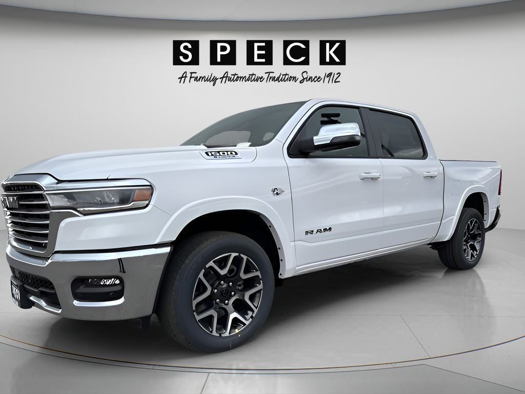 2026 RAM Ram 1500 RAM 1500 LARAMIE CREW CAB 4X4 5'7' BOX in Bright White Clear-Coat Exterior Paint — front three-quarter view