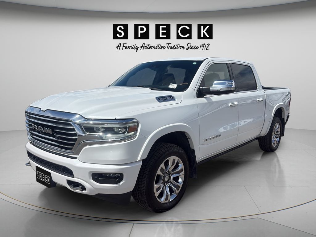 2022 RAM 1500 Limited Longhorn Crew Cab 4x4 5'7' Box in Ivory White Tri-Coat Pearlcoat — front three-quarter view
