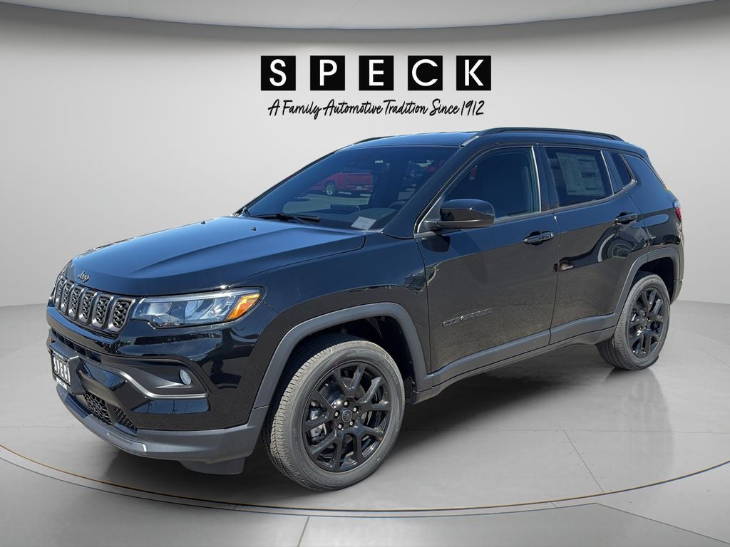2026 Jeep Compass COMPASS LATITUDE ALTITUDE 4X4 in Diamond Black Crystal Pearl-Coat Exterior Paint — front three-quarter view