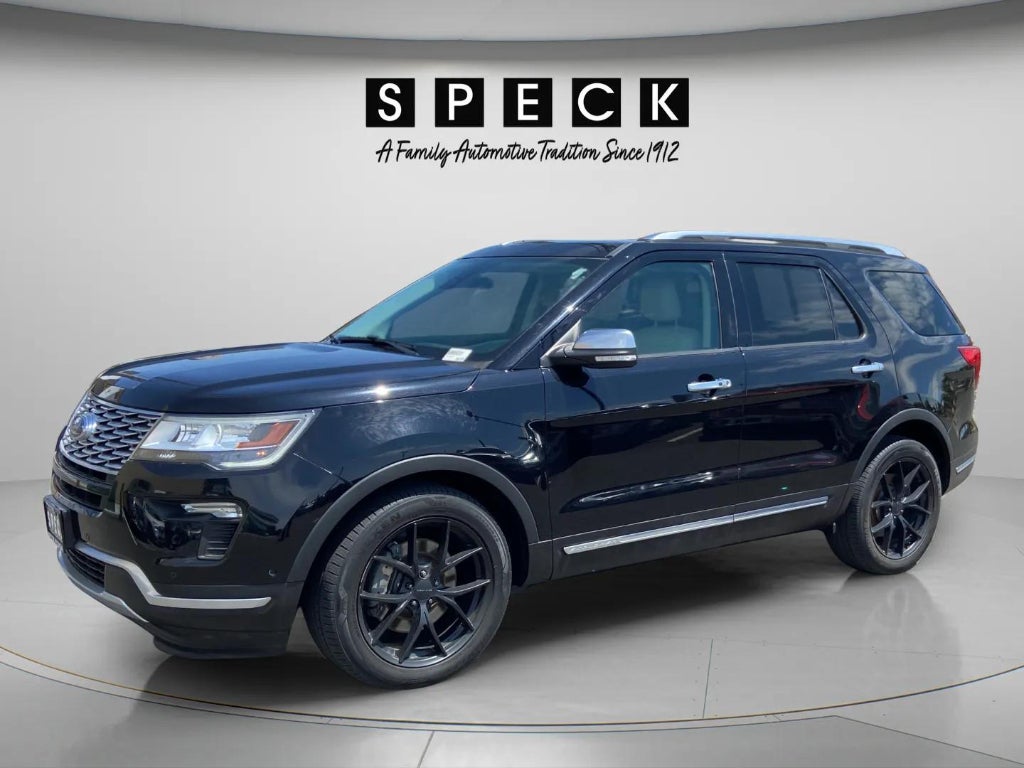 2018 Ford Explorer Platinum in Shadow Black — front three-quarter view